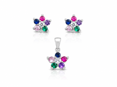 Bijuterii din argint - Set Floral Multicolor din Argint 925 – Cercei și Medalion