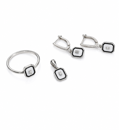 Seturi din argint - Set Geometric din Argint 925 cu Cristal Transparent – Medalion, Inel și Cercei