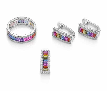Seturi din argint - Set Modern Rainbow din Argint 925 – Medalion, Inel și Cercei cu Pietre Multicolore