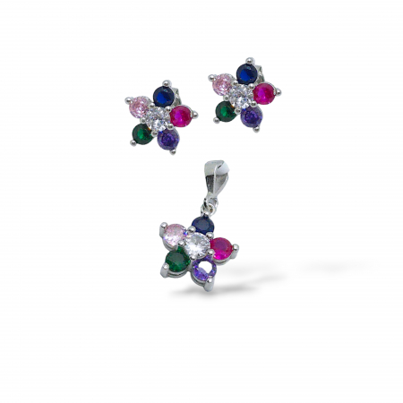 Bijuterii din argint - Set Floare din Argint 925 cu Cristale Zirconia Colorate – 2.84 g