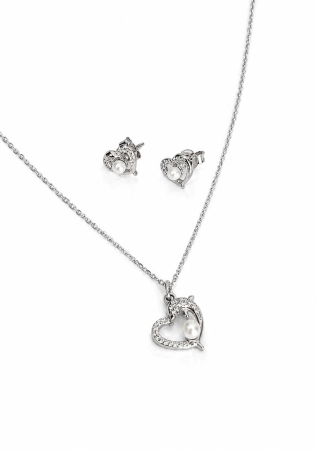 Seturi din argint - Set Romantic din Argint 925 cu Perle și Zirconii – Colier și Cercei Inimă