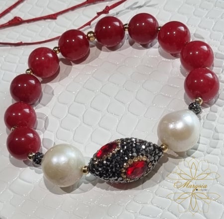 Bratari perle naturale - Marysia Red Jade & Big Pearls