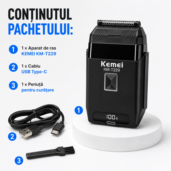 Aparat de Ras Profesional KEMEI KM-T229, Foil Shaver, Motor DC 10500 RPM, Folie Titan Anti-Alergenică, Lame Oțel Inoxidabil, Display LCD, USB Type-C, Acumulator 600mAh, 60 Min Autonomie, Negru [7]