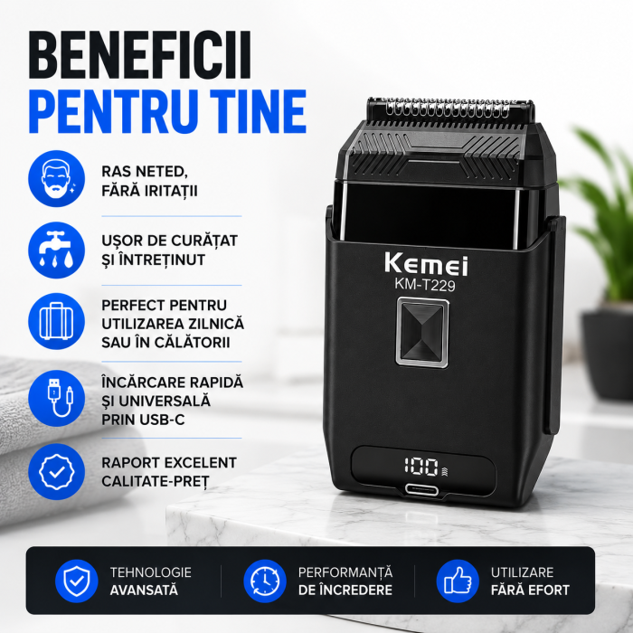 Aparat de Ras Profesional KEMEI KM-T229, Foil Shaver, Motor DC 10500 RPM, Folie Titan Anti-Alergenică, Lame Oțel Inoxidabil, Display LCD, USB Type-C, Acumulator 600mAh, 60 Min Autonomie, Negru [8]