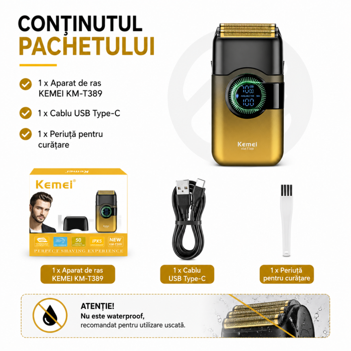 Aparat de ras electric KEMEI KM-T389, Folie Titan Anti-Alergenică, Motor DC 3.2V 7500 RPM, Display LCD, Baterie 800mAh, Autonomie 100 min, Încărcare USB Type-C, Gold/Negru [7]