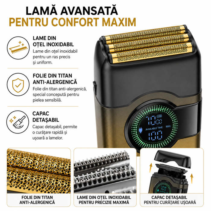 Aparat de ras electric KEMEI KM-T389, Folie Titan Anti-Alergenică, Motor DC 3.2V 7500 RPM, Display LCD, Baterie 800mAh, Autonomie 100 min, Încărcare USB Type-C, Gold/Negru [4]
