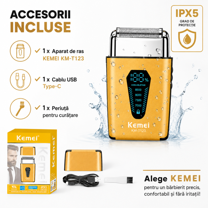 Aparat de ras electric Kemei KM-T123, Motor DC 8500 RPM, Display LCD, Acumulator Li-Ion 1200mAh, Autonomie 120 min, Încărcare USB Type-C, IPX5, Cap Detașabil, Auriu [7]