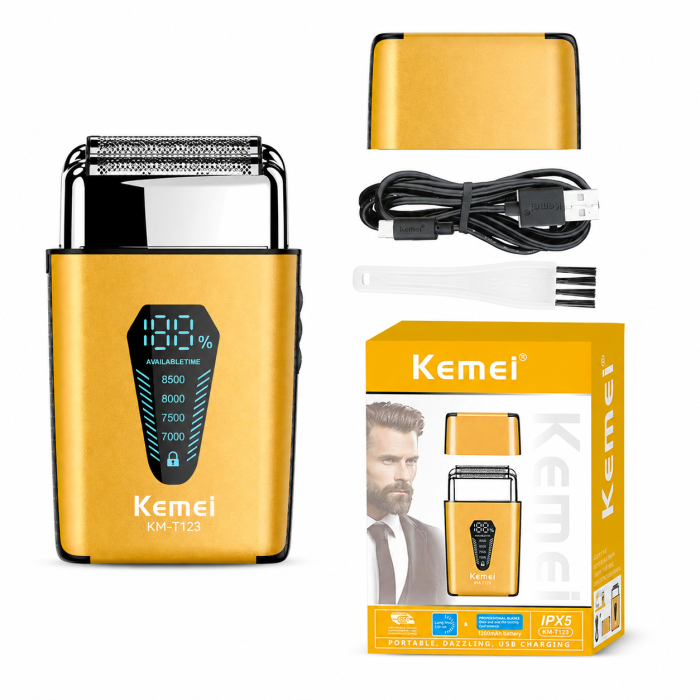 Aparat de ras electric Kemei KM-T123, Motor DC 8500 RPM, Display LCD, Acumulator Li-Ion 1200mAh, Autonomie 120 min, Încărcare USB Type-C, IPX5, Cap Detașabil, Auriu [2]