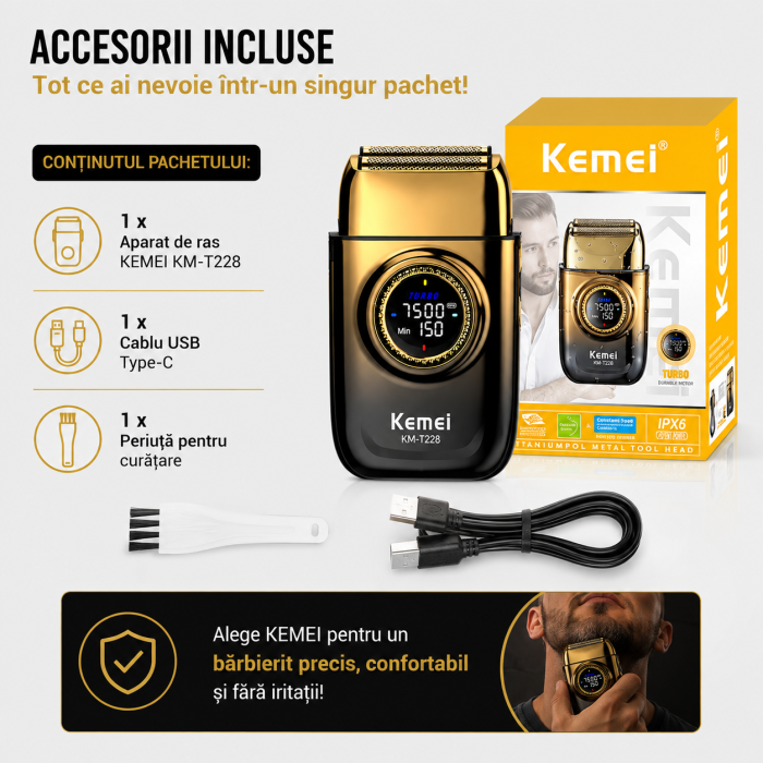 Aparat de Ras Profesional KEMEI KM-T228, Folie Titan Anti-Alergenică, Motor Brushless 7500 RPM, Acumulator 1400mAh, 90 min Autonomie, Încărcare USB Type-C, Display LCD, Negru/Auriu [6]