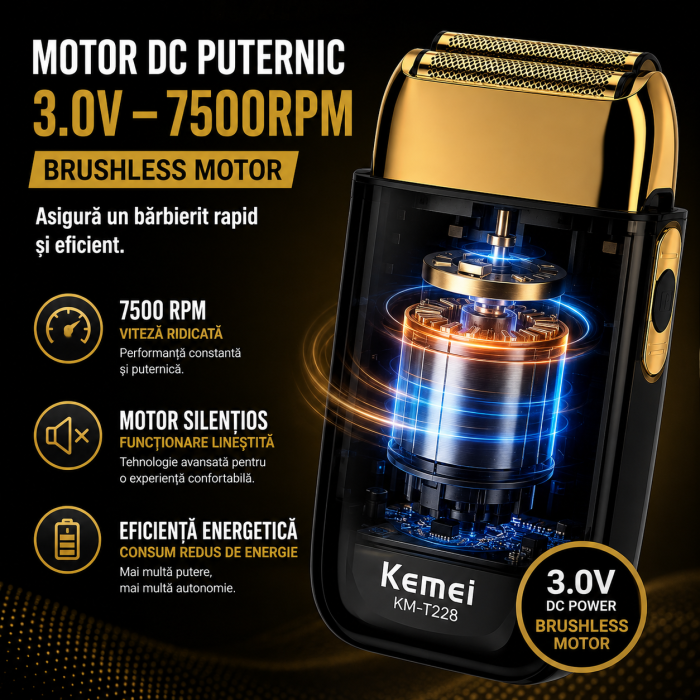 Aparat de Ras Profesional KEMEI KM-T228, Folie Titan Anti-Alergenică, Motor Brushless 7500 RPM, Acumulator 1400mAh, 90 min Autonomie, Încărcare USB Type-C, Display LCD, Negru/Auriu [4]
