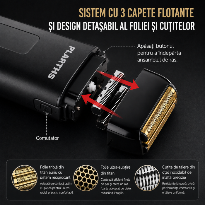 Aparat de ras electric profesional, PLARTHS NG-983, folie titan, afisaj LCD, husa, acumulator 1400 mAh, 8100rpm, black [4]
