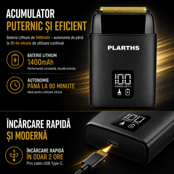Aparat de ras electric profesional, PLARTHS NG-983, folie titan, afisaj LCD, husa, acumulator 1400 mAh, 8100rpm, black [5]