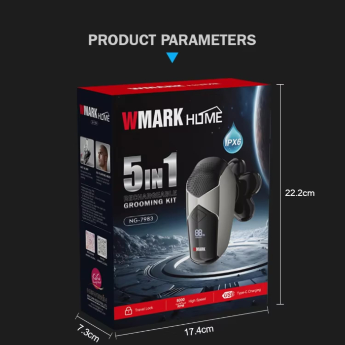 Aparat de ras profesional pentru barbati WMARK NG-7983, 5 în 1, 8000rpm, fără fir, încărcare USB, utilizare umed si uscat, trimmer nas inclus, IPX6 waterproof [5]