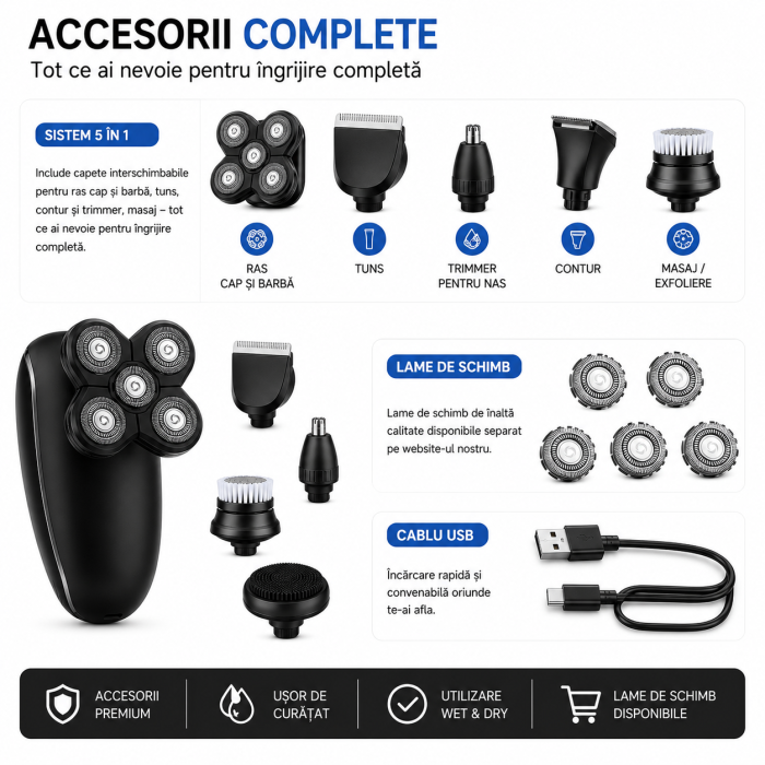 Aparat de Ras Electric 5 în 1, 5 Capete Flexibile, Motor 8000 RPM, Acumulator 800mAh, Autonomie 90 min, Încărcare USB, Wet & Dry IPX6, Trimmer Nas, Cap Tuns, Perie Facială și Masaj [6]
