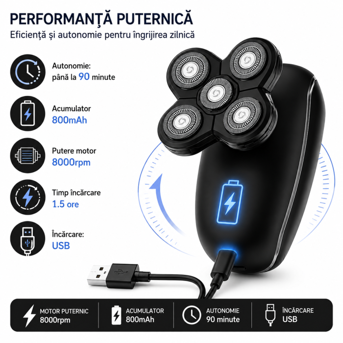 Aparat de Ras Electric 5 în 1, 5 Capete Flexibile, Motor 8000 RPM, Acumulator 800mAh, Autonomie 90 min, Încărcare USB, Wet & Dry IPX6, Trimmer Nas, Cap Tuns, Perie Facială și Masaj [2]