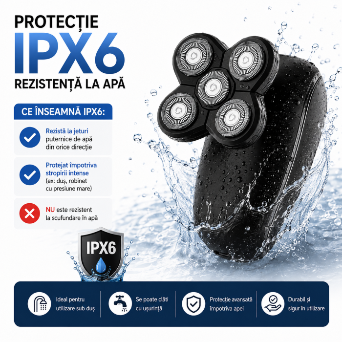 Aparat de Ras Electric 5 în 1, 5 Capete Flexibile, Motor 8000 RPM, Acumulator 800mAh, Autonomie 90 min, Încărcare USB, Wet & Dry IPX6, Trimmer Nas, Cap Tuns, Perie Facială și Masaj [7]