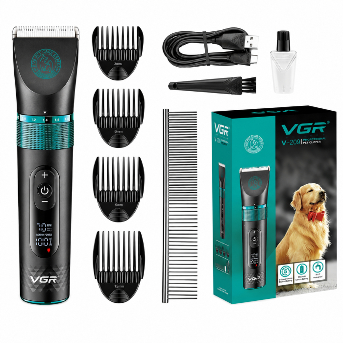 Aparat de tuns animale, VGR V-209 Profesionala, Display LED, Lame Ceramice, IPX7 Waterproof, 2000mAh, 200 Minute Autonomie, USB Type-C [2]
