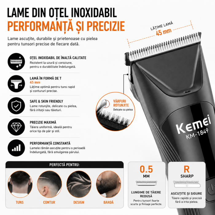 Aparat de tuns corporal Kemei KM-1849, IPX7 Waterproof, 6500 RPM, Lamă ceramică, Acumulator 600 mAh, Autonomie 90 min, Stand încărcare, USB Type-C, Display LED [4]