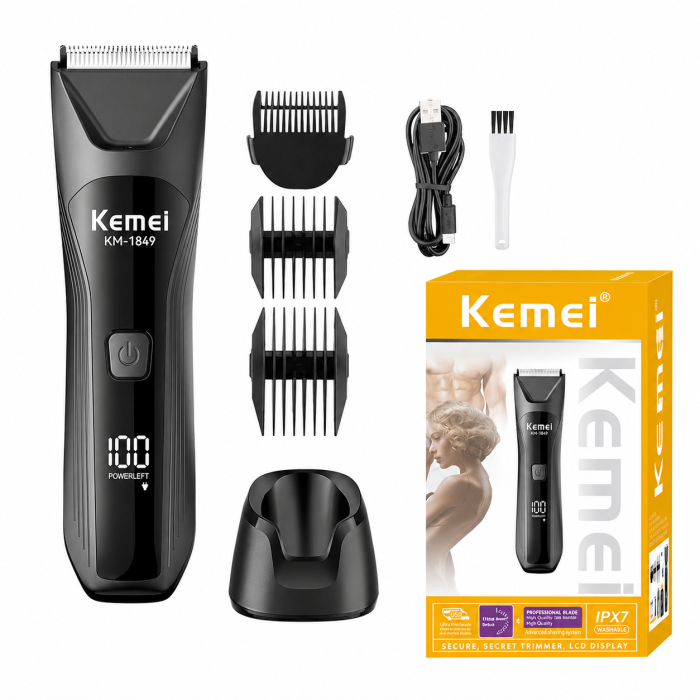 Aparat de tuns corporal Kemei KM-1849, IPX7 Waterproof, 6500 RPM, Lamă ceramică, Acumulator 600 mAh, Autonomie 90 min, Stand încărcare, USB Type-C, Display LED [2]