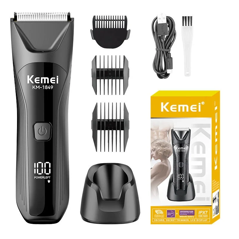 Aparat de tuns corporal Kemei KM-1849, IPX7 Waterproof, 6500 RPM, Lamă ceramică, Acumulator 600 mAh, Autonomie 90 min, Stand încărcare, USB Type-C, Display LED [1]