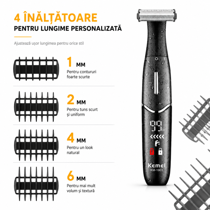Aparat de tuns corporal Kemei KM-1903, Trimmer pentru corp și zone intime, IPX5, Display LED, Încărcare USB-C, 4 înălțătoare 1/2/4/6 mm, Negru [7]