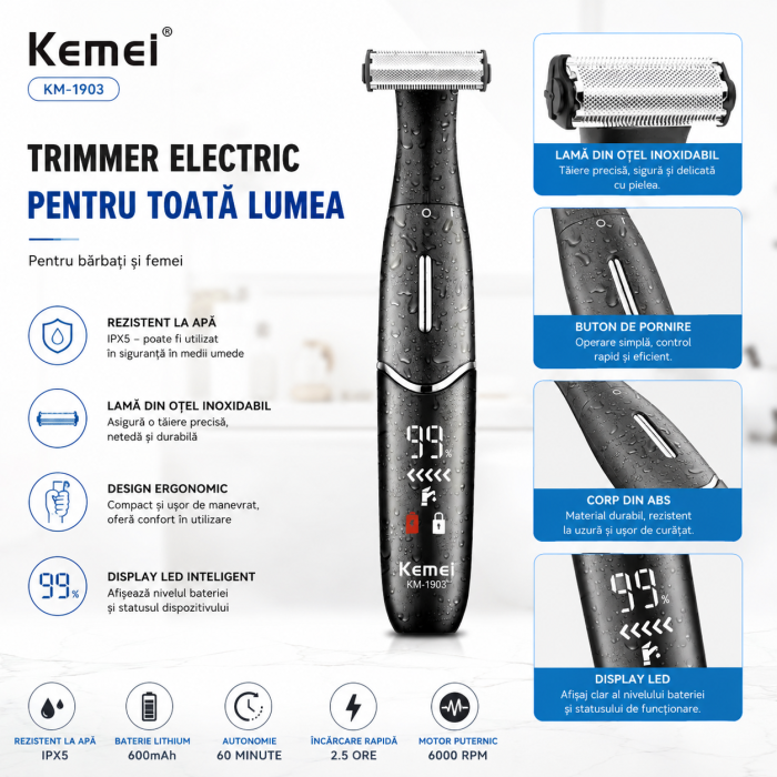 Aparat de tuns corporal Kemei KM-1903, Trimmer pentru corp și zone intime, IPX5, Display LED, Încărcare USB-C, 4 înălțătoare 1/2/4/6 mm, Negru [10]