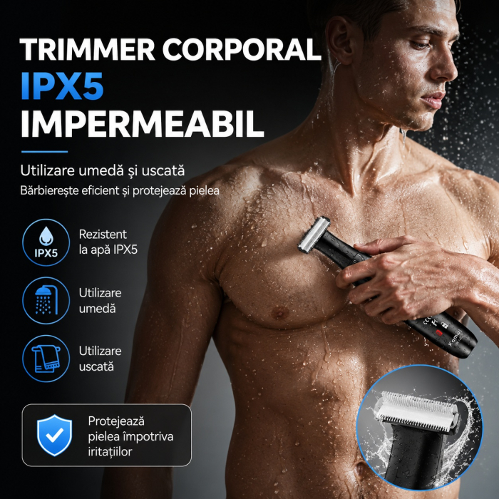 Aparat de tuns corporal Kemei KM-1903, Trimmer pentru corp și zone intime, IPX5, Display LED, Încărcare USB-C, 4 înălțătoare 1/2/4/6 mm, Negru [2]