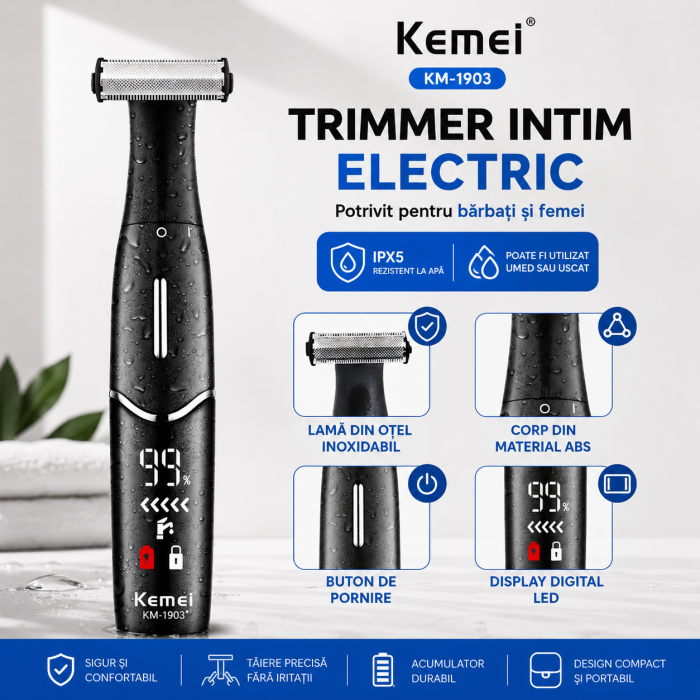 Aparat de tuns corporal Kemei KM-1903, Trimmer pentru corp și zone intime, IPX5, Display LED, Încărcare USB-C, 4 înălțătoare 1/2/4/6 mm, Negru [8]