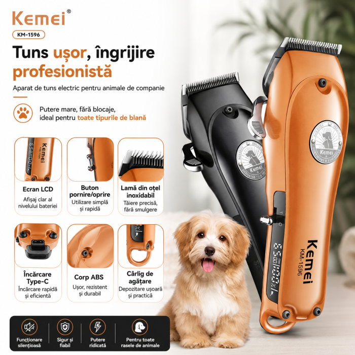 Aparat de tuns profesional pentru animale Kemei KM-1596, 6800 RPM, Cuțite ceramice, Display LCD, Acumulator, Autonomie 180 min, Încărcare Type-C, 4 piepteni (3/6/9/12 mm) [7]