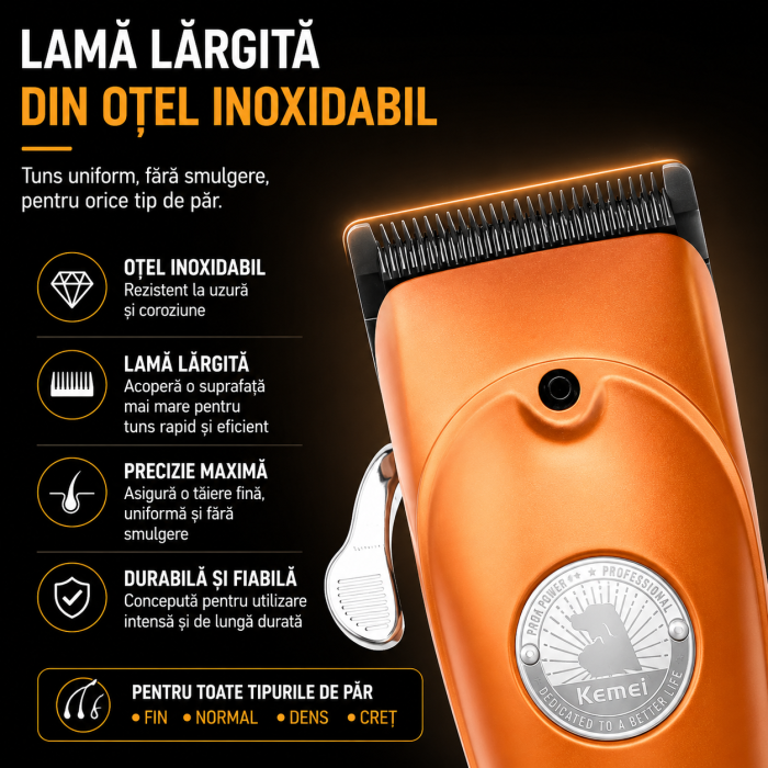 Aparat de tuns profesional pentru animale Kemei KM-1596, 6800 RPM, Cuțite ceramice, Display LCD, Acumulator, Autonomie 180 min, Încărcare Type-C, 4 piepteni (3/6/9/12 mm) [6]