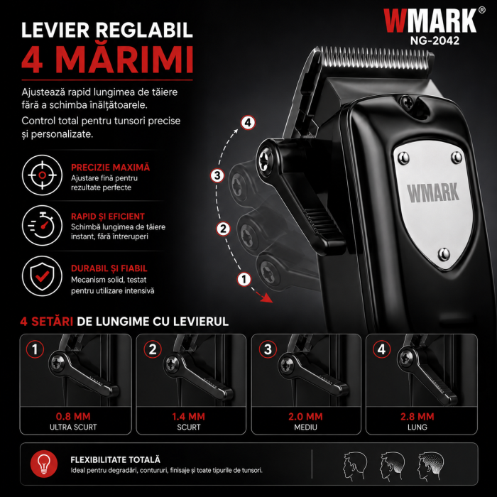 Masina de tuns profesionala WMARK NG-2042 7000 RPM, Acumulator 2000 mAh, 240 min autonomie, 8 inaltatoare, USB Type-C, Stand incarcare [5]