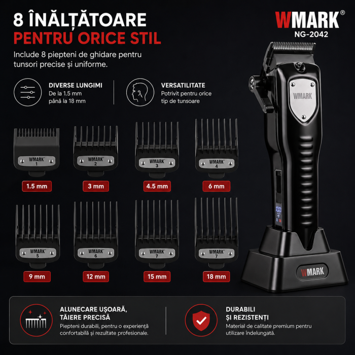 Masina de tuns profesionala WMARK NG-2042 7000 RPM, Acumulator 2000 mAh, 240 min autonomie, 8 inaltatoare, USB Type-C, Stand incarcare [8]