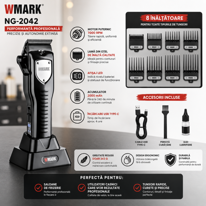 Masina de tuns profesionala WMARK NG-2042 7000 RPM, Acumulator 2000 mAh, 240 min autonomie, 8 inaltatoare, USB Type-C, Stand incarcare [2]