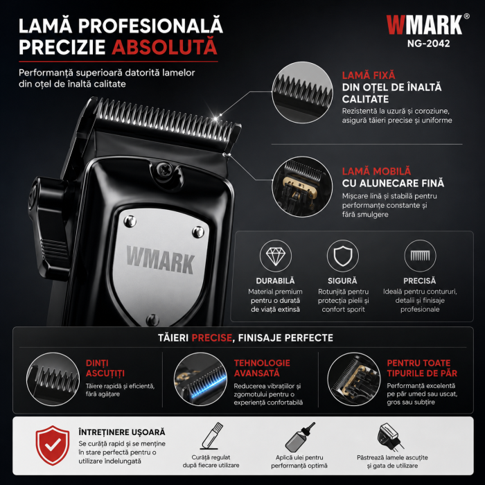 Masina de tuns profesionala WMARK NG-2042 7000 RPM, Acumulator 2000 mAh, 240 min autonomie, 8 inaltatoare, USB Type-C, Stand incarcare [4]