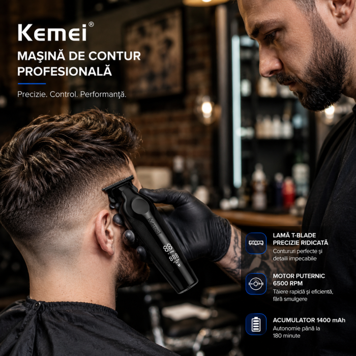 Masina de contur Kemei KM-264 T-Blade, 180 min autonomie, display LED, trimmer precis cu accesorii incluse - Copie [6]