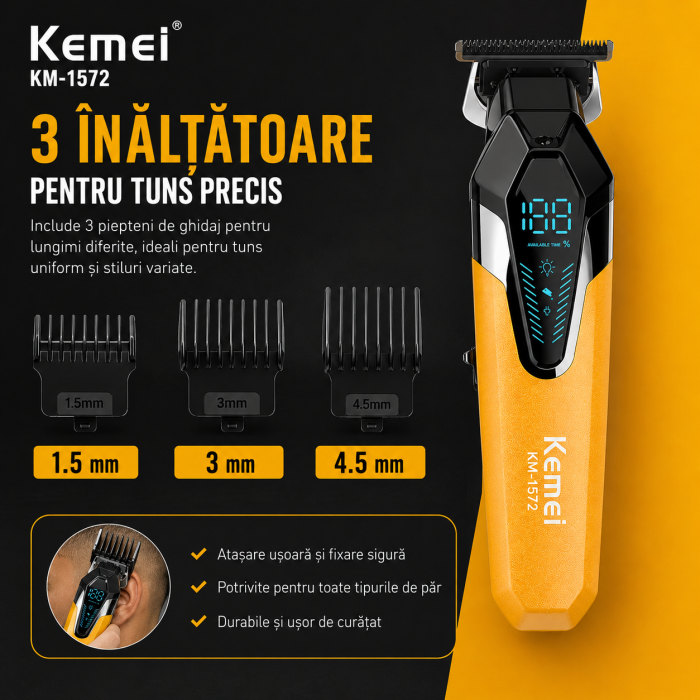 Masina de Contur Profesionala Kemei KM-1572, Motor 9000 RPM, Acumulator 1200 mAh, USB Type-C, 3 Inaltatoare [5]