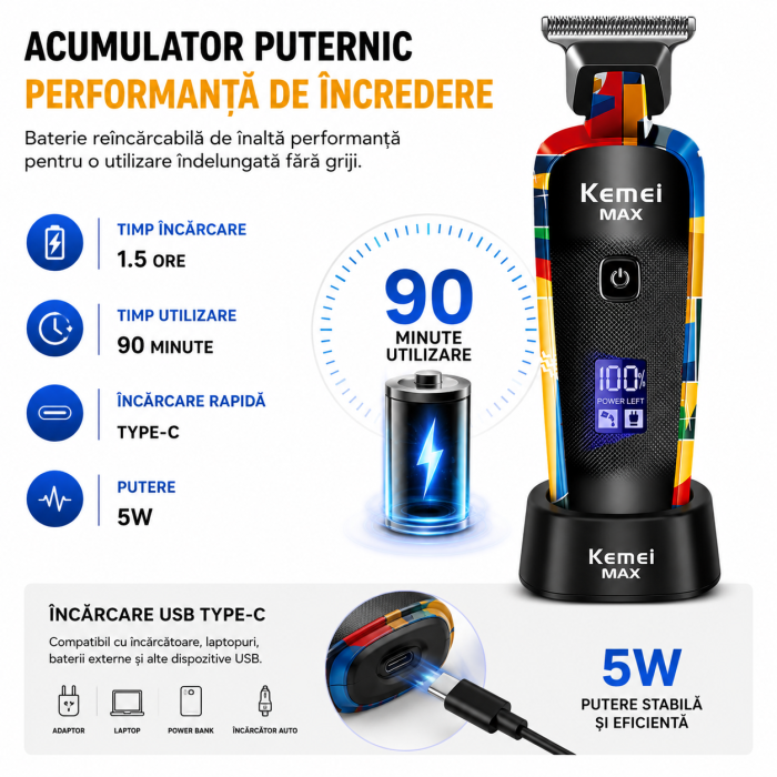 Masina de Contur Profesionala Kemei KM-MAX5090, 7000 RPM, Display LED, Incarcare Type C [6]