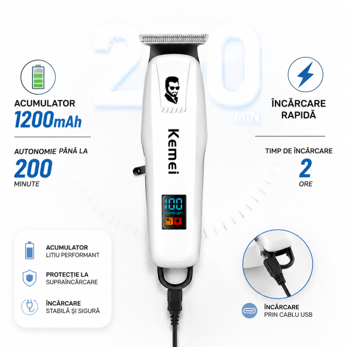 Mașină de Contur Profesională Kemei KM-PG232, Motor 3.2V, Acumulator 1200mAh, Autonomie 200 Min, Display LCD, Lamă T din Oțel Inoxidabil, 3 Înălțătoare 1/2/3 mm, Încărcare USB [2]