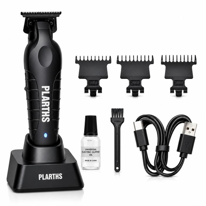 Masina de Contur Profesionala, PLARTHS NG-317, Motor puternic 7000rpm, Lama DLC, Cutit Ceramic, Stand Incarcare, Led Incarcare, Type C, 3 Inaltatoare, Negru [1]