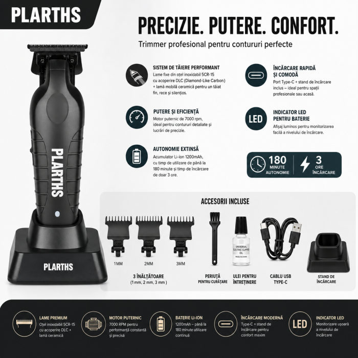 Masina de Contur Profesionala, PLARTHS NG-317, Motor puternic 7000rpm, Lama DLC, Cutit Ceramic, Stand Incarcare, Led Incarcare, Type C, 3 Inaltatoare, Negru [2]
