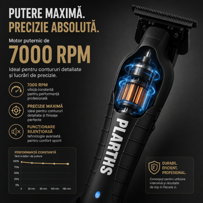 Masina de Contur Profesionala, PLARTHS NG-317, Motor puternic 7000rpm, Lama DLC, Cutit Ceramic, Stand Incarcare, Led Incarcare, Type C, 3 Inaltatoare, Negru [5]