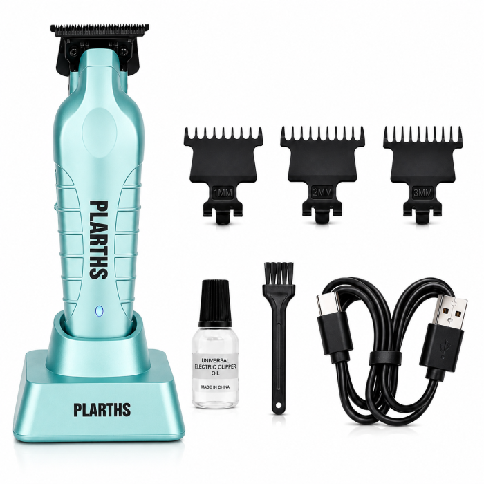 Masina de Contur Profesionala, PLARTHS NG-317, Motor puternic 7000rpm, Lama DLC, Cutit Ceramic, Stand Incarcare, Led Incarcare, Type C, 3 Inaltatoare, Turcoaz [1]