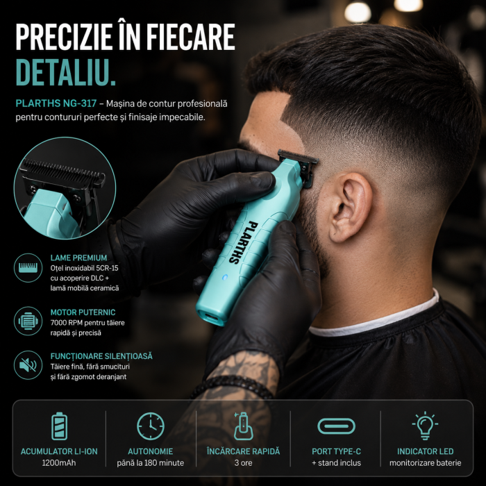 Masina de Contur Profesionala, PLARTHS NG-317, Motor puternic 7000rpm, Lama DLC, Cutit Ceramic, Stand Incarcare, Led Incarcare, Type C, 3 Inaltatoare, Turcoaz [6]