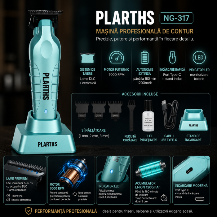 Masina de Contur Profesionala, PLARTHS NG-317, Motor puternic 7000rpm, Lama DLC, Cutit Ceramic, Stand Incarcare, Led Incarcare, Type C, 3 Inaltatoare, Turcoaz [2]