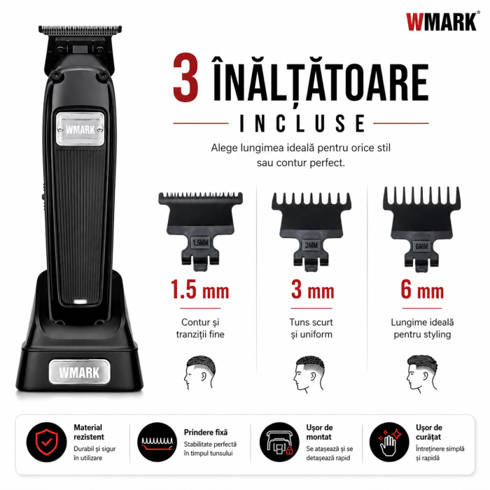 Mașină de Contur Profesională WMARK NG-2054A, Motor 7200 RPM, Lame DLC T-Blade 0.1 mm, Acumulator 2000mAh, 250 Min Autonomie, Stand Încărcare, USB, 3 Înălțătoare, Negru [5]