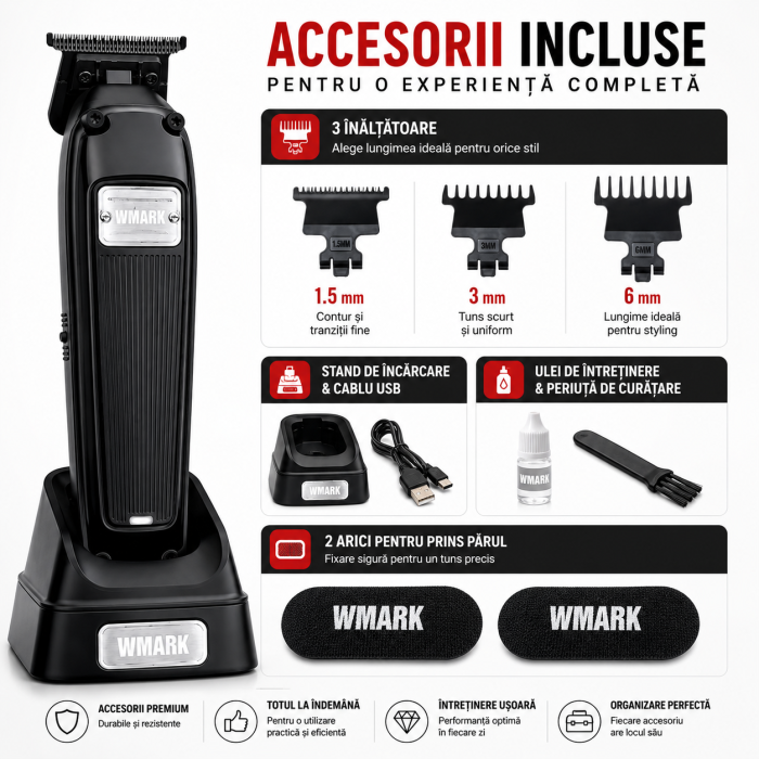 Mașină de Contur Profesională WMARK NG-2054A, Motor 7200 RPM, Lame DLC T-Blade 0.1 mm, Acumulator 2000mAh, 250 Min Autonomie, Stand Încărcare, USB, 3 Înălțătoare, Negru [6]