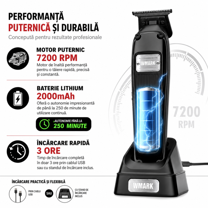 Mașină de Contur Profesională WMARK NG-2054A, Motor 7200 RPM, Lame DLC T-Blade 0.1 mm, Acumulator 2000mAh, 250 Min Autonomie, Stand Încărcare, USB, 3 Înălțătoare, Negru [2]