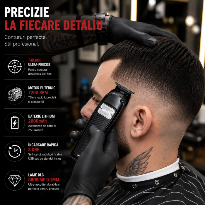 Mașină de Contur Profesională WMARK NG-2054A, Motor 7200 RPM, Lame DLC T-Blade 0.1 mm, Acumulator 2000mAh, 250 Min Autonomie, Stand Încărcare, USB, 3 Înălțătoare, Negru [4]