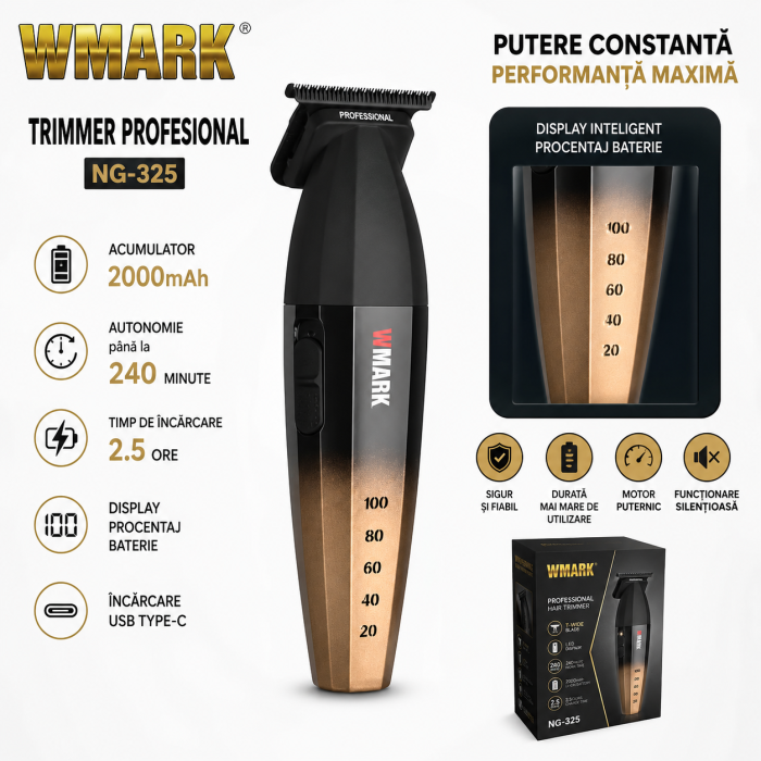 Masina de contur profesionala, WMARK NG-325, motor puternic 9000rpm, incarcare type C, lama DLC, cutit ceramic, 2 arici, gold [2]
