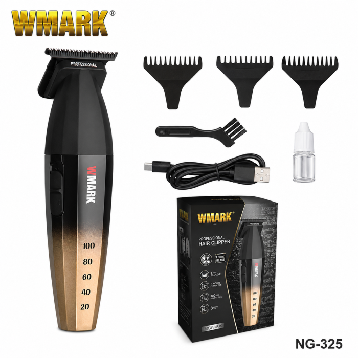 Masina de contur profesionala, WMARK NG-325, motor puternic 9000rpm, incarcare type C, lama DLC, cutit ceramic, 2 arici, gold [1]